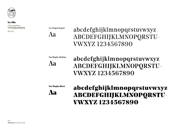 Feuille de spécimen de caractères présentant trois graisses de caractères - Regular, Medium et Black - d'un caractère à empattement, parfait pour la création d'identité de marque, avec des exemples de majuscules, de minuscules et de chiffres dans chaque graisse. Les polices sont de plus en plus grasses de haut en bas.