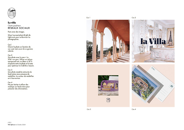 Une mise en page avec du texte à gauche et quatre images étiquetées à droite : l'allée couverte d'une villa, un intérieur orné, l'illustration d'un banc et une carte postale avec l'image d'une villa. L'arrière-plan minimaliste met subtilement en valeur Création d'identité de marque.