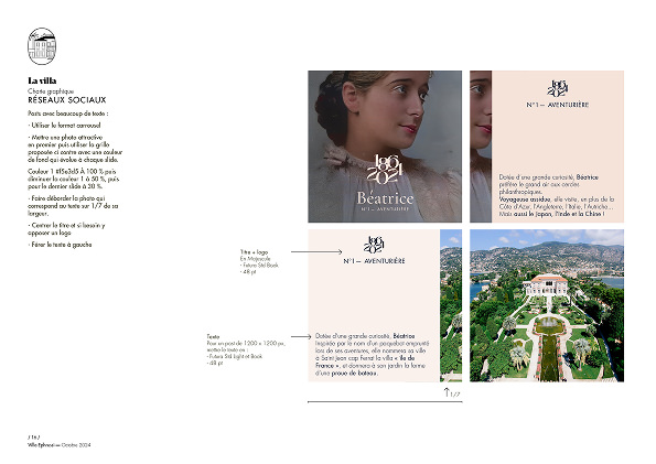 La maquette d'une création d'identité de marque présente des images de profil d'une femme, un logo, un texte sur "Béatrice" et une villa. En bas à droite, une vue aérienne d'une grande villa blanche au milieu de jardins luxuriants et d'un paysage urbain.