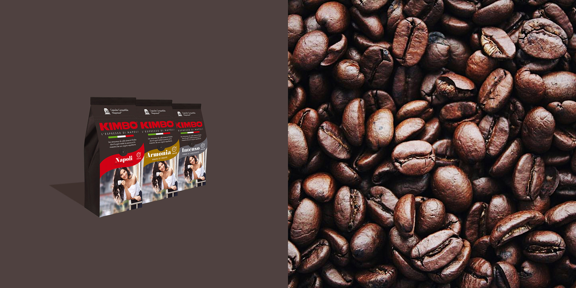 Trois sacs de café Kimbo, dont l'emballage a été conçu par une agence de création, se trouvent sur un fond brun à gauche, tandis qu'un gros plan de grains de café torréfiés occupe le côté droit de l'image.