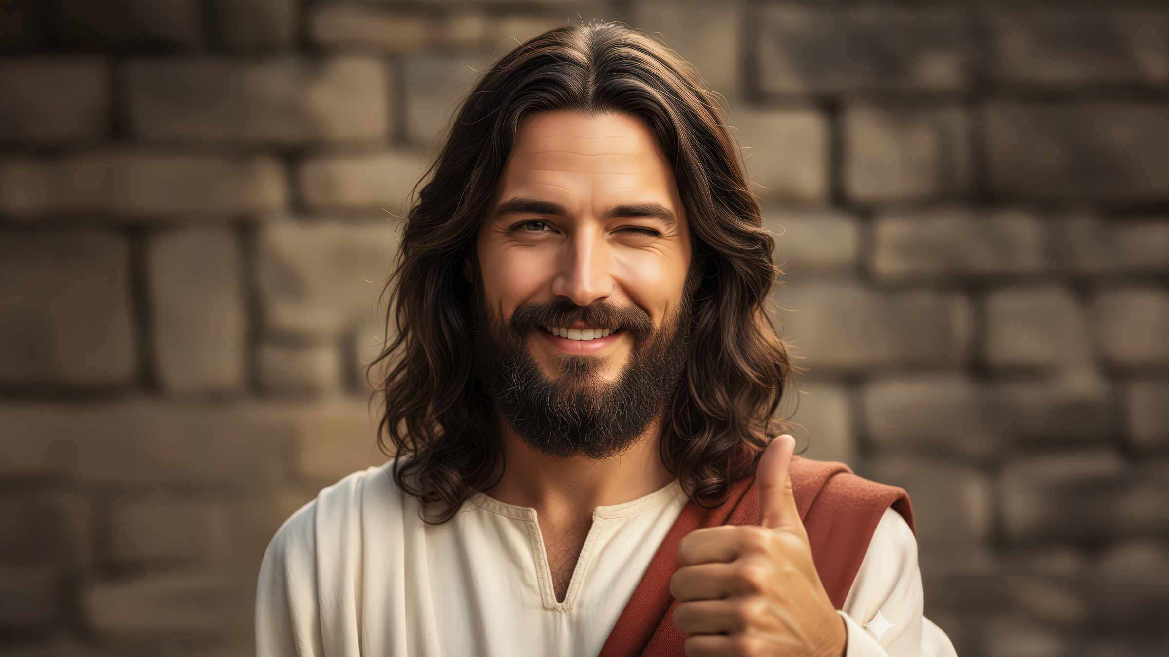 Un homme aux longs cheveux bruns et à la barbe, vêtu d'une robe blanche avec une ceinture brune, sourit chaleureusement et lève le pouce en faisant un clin d'œil, debout devant un mur de pierre.