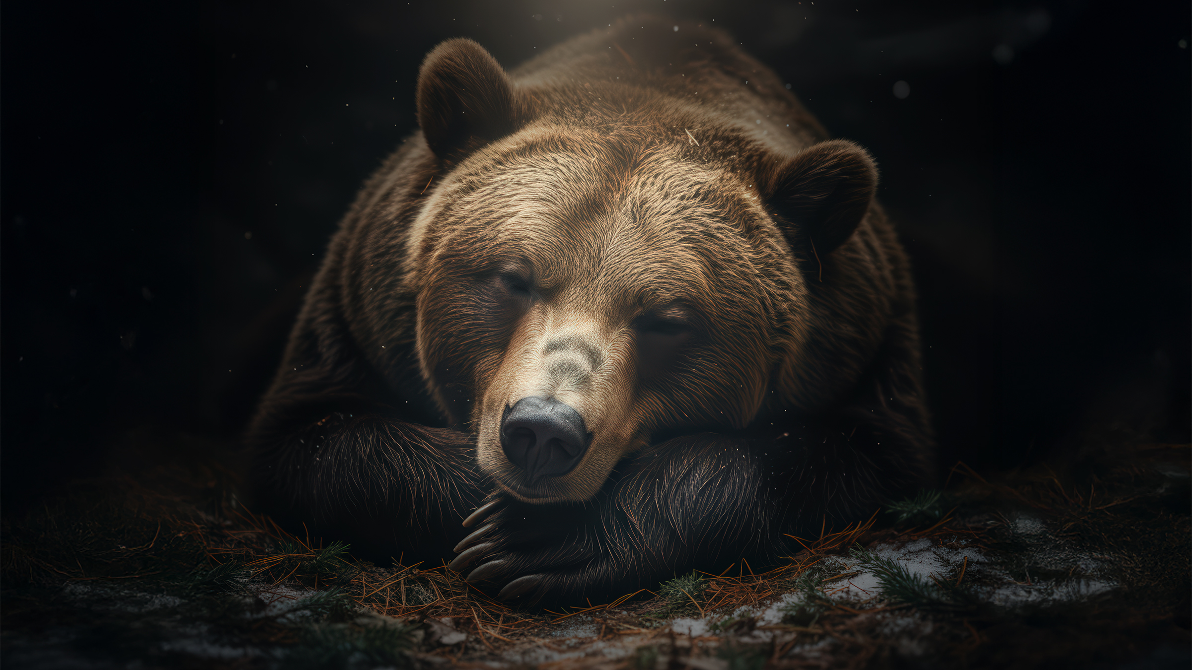 Un grand ours brun repose paisiblement sur le sol, les yeux fermés, la tête appuyée sur ses pattes, au milieu d'aiguilles de pin et d'une couche de neige, éclairé par une douce lumière naturelle - une image parfaite pour un contenu sur la faune et la flore qui soit favorable au référencement.