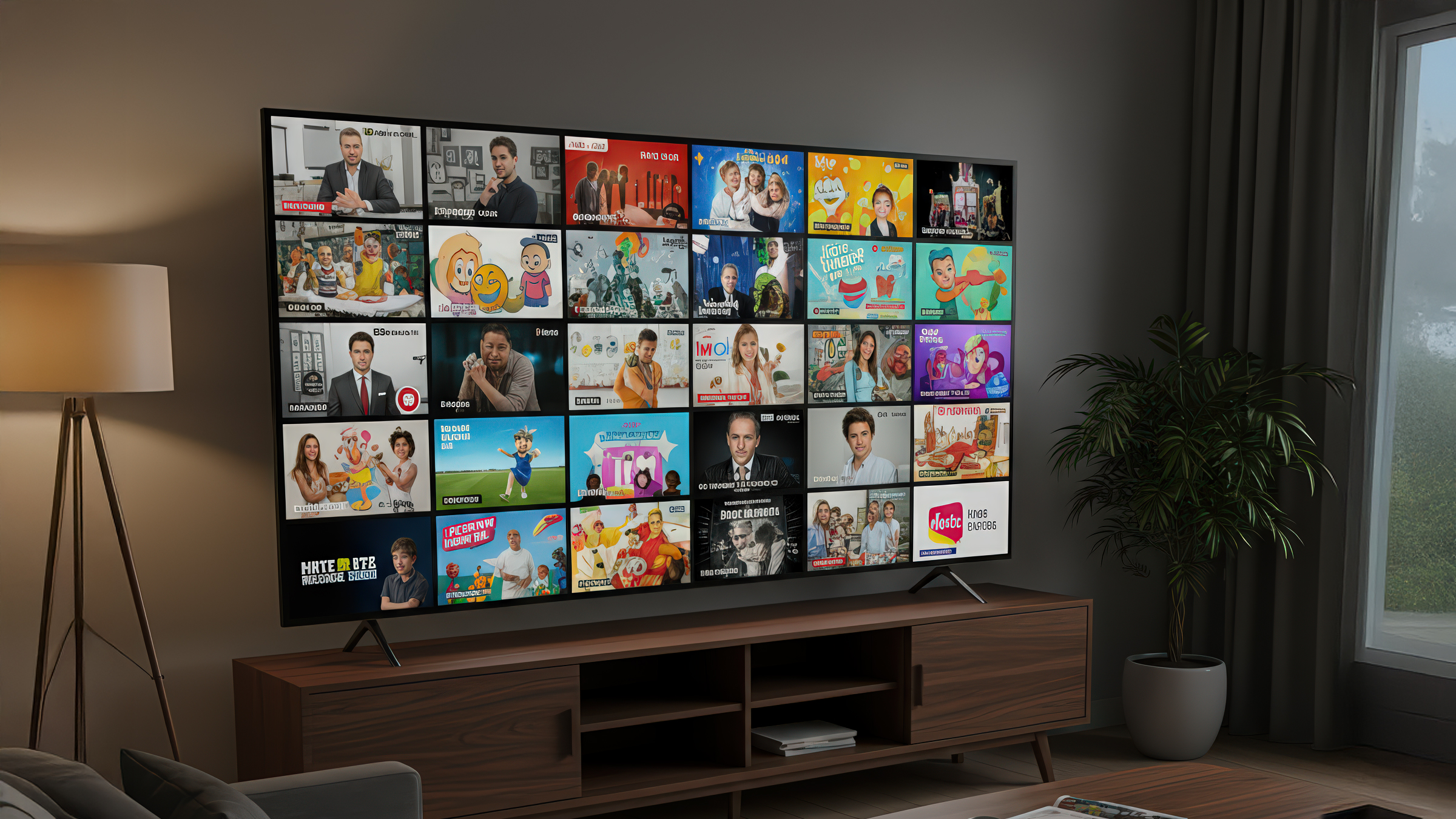 Un grand téléviseur à écran plat affiche une grille d'émissions et de films en streaming dans un salon moderne doté d'un meuble TV en bois, d'une lampe et d'une fenêtre aux rideaux diaphanes.