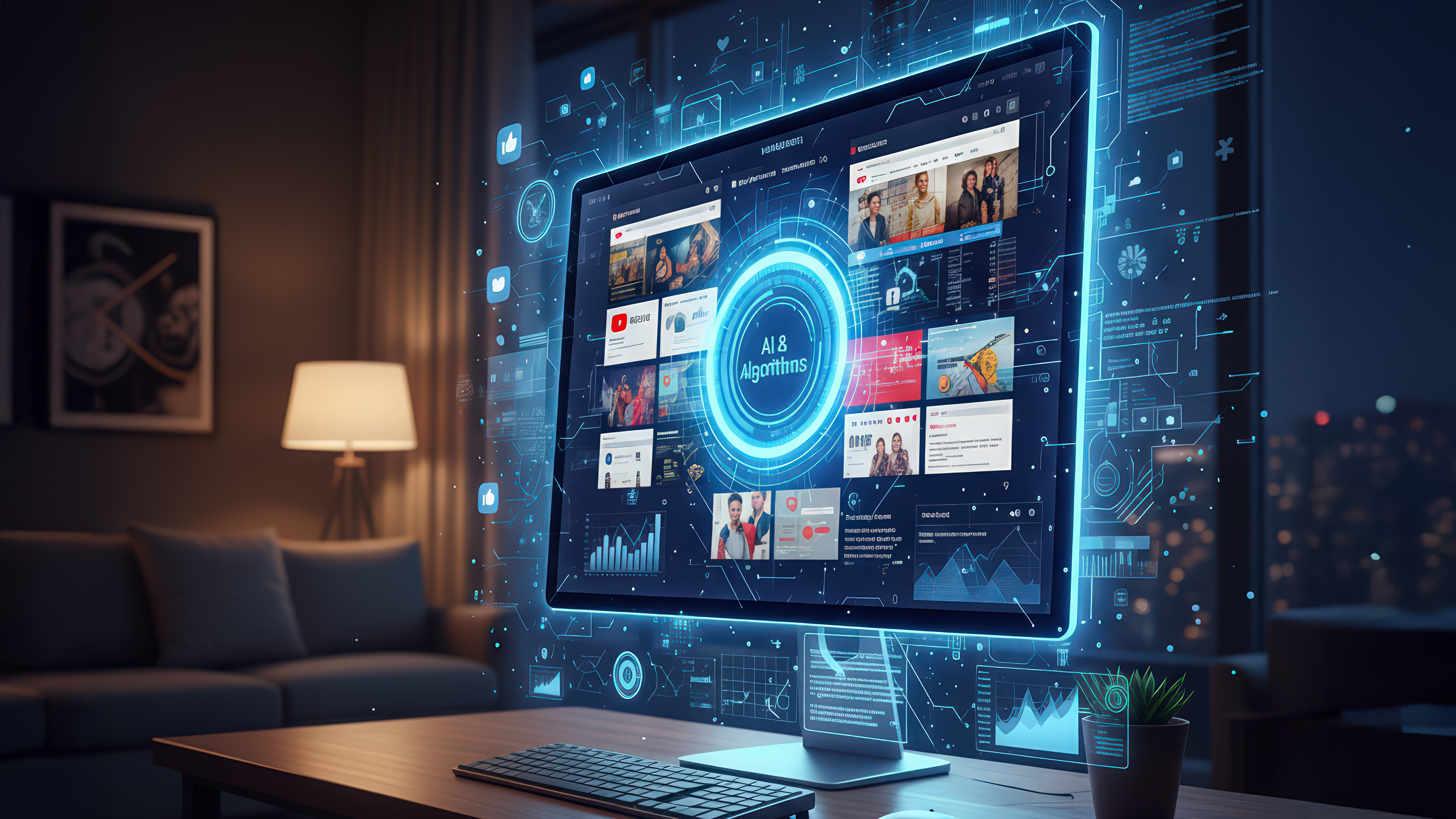 Un ordinateur de bureau futuriste affiche de nombreuses pages web et des flux de médias, mis en évidence par un graphique lumineux "AI & Algorithms" et une publicité programmatique au centre, dans un salon moderne à l'éclairage tamisé. Des icônes et des circuits numériques entourent l'écran.