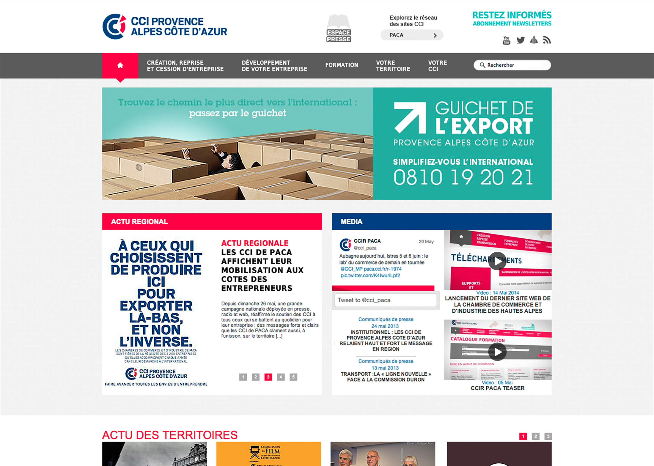 Capture d'écran du site web de l'agence de la CCI Provence Alpes Côte d'Azur comprenant des menus de navigation, des sections d'actualités, des bannières colorées promouvant les services d'exportation, et des informations de contact, avec une mise en page moderne et organisée.