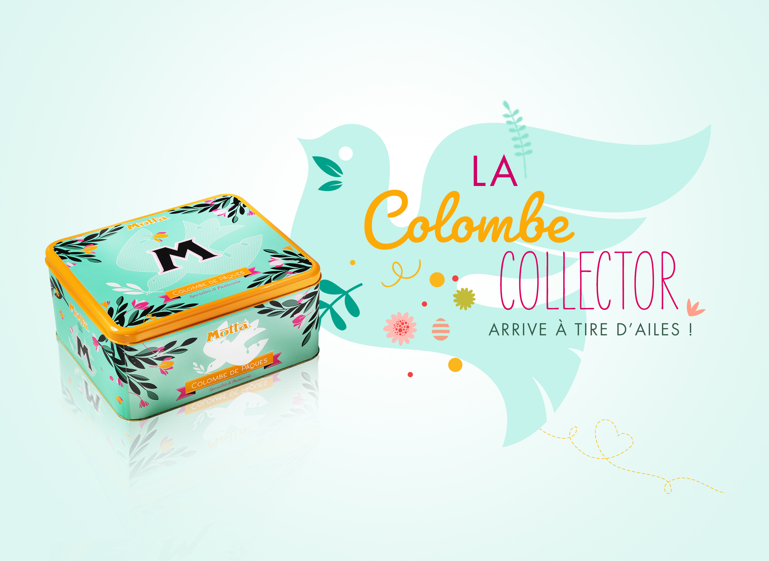 Une boîte en fer blanc décorative avec des motifs floraux se trouve à côté d'une colombe sarcelle illustrée et d'un texte coloré qui se lit comme suit : "La Colombe Collector arrive à tire d'ailes" - un mélange parfait d'art et de webmarketing sur un fond clair.