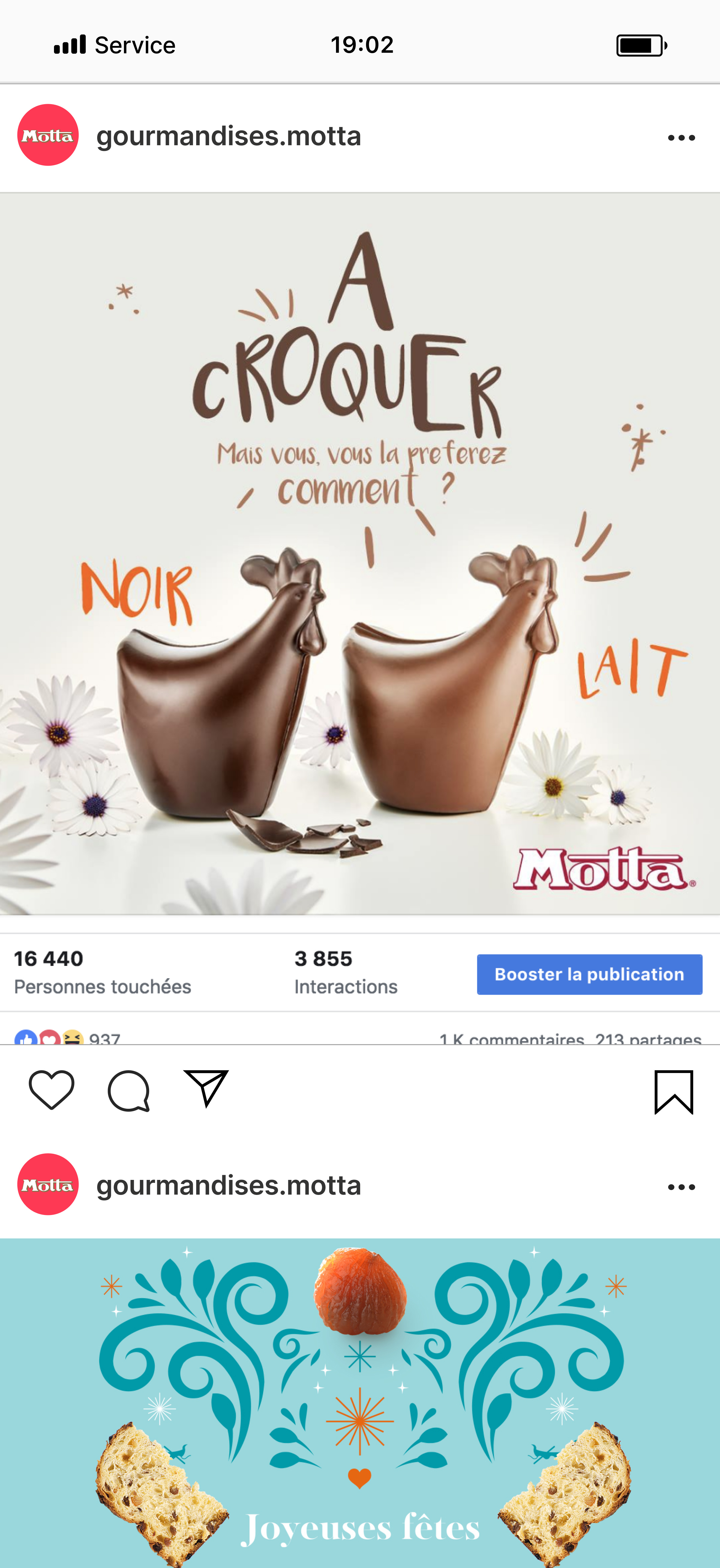 Post Instagram de gourmandises.motta montrant deux figures de poules en chocolat, l'une noire et l'autre au lait, entourées de fleurs. Un texte en français demande : "Comment le préférez-vous ?" La marque Motta est visible.