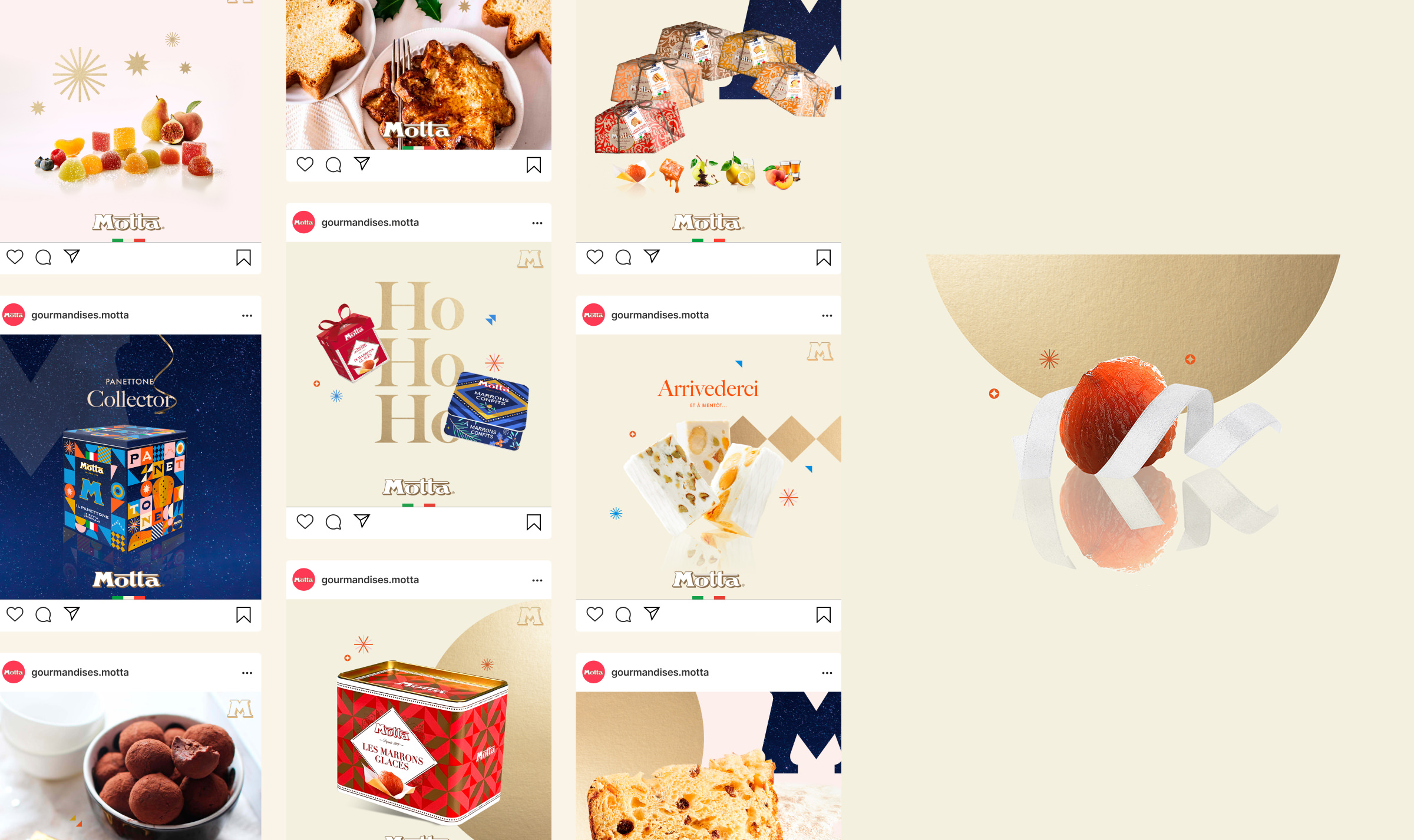 Un collage de posts de desserts festifs de Motta - panettone, chocolats et graphiques de vacances - affichés sous forme d'images de style Instagram avec des mises en page lumineuses et colorées, mettant en évidence une stratégie créative de community management pour la saison des fêtes.