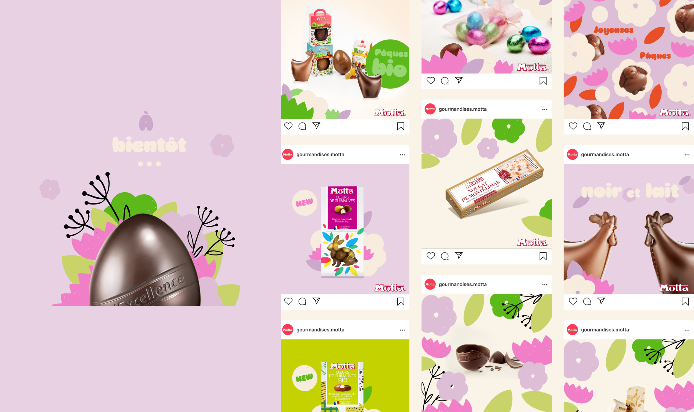 Un collage de posts Instagram colorés présente des œufs en chocolat, des fleurs et des graphiques ludiques sur le thème de Pâques sur des fonds pastel - une stratégie de community management engageante - avec "bientôt" au-dessus d'un gros œuf en chocolat sur le côté gauche.