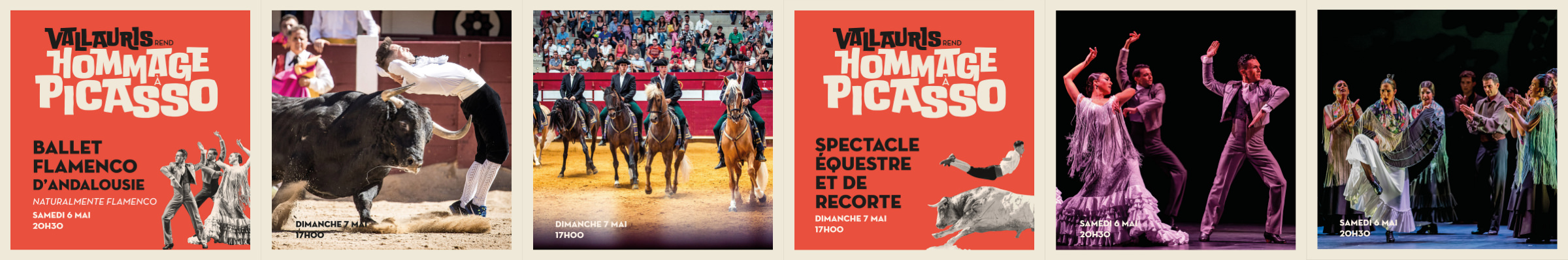 Une rangée de cinq affiches de l'événement "Hommage à Picasso" met en valeur la communication événementielle, avec un ballet flamenco, un torero sautant sur un taureau, un spectacle équestre et des danseurs en costumes traditionnels, avec les dates et heures en français.