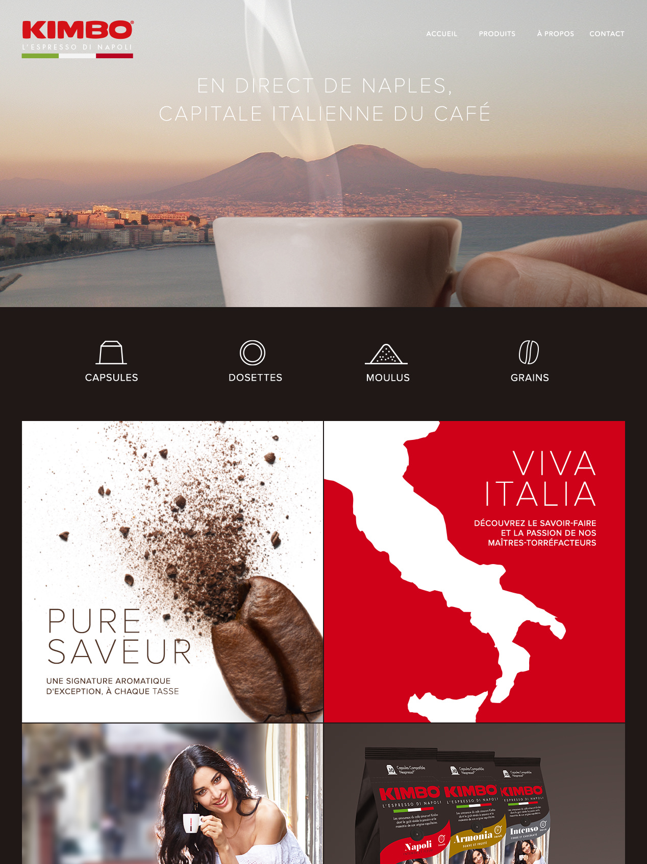 Un appareil mobile affichant le site Internet de Kimbo, une marque de café italien
