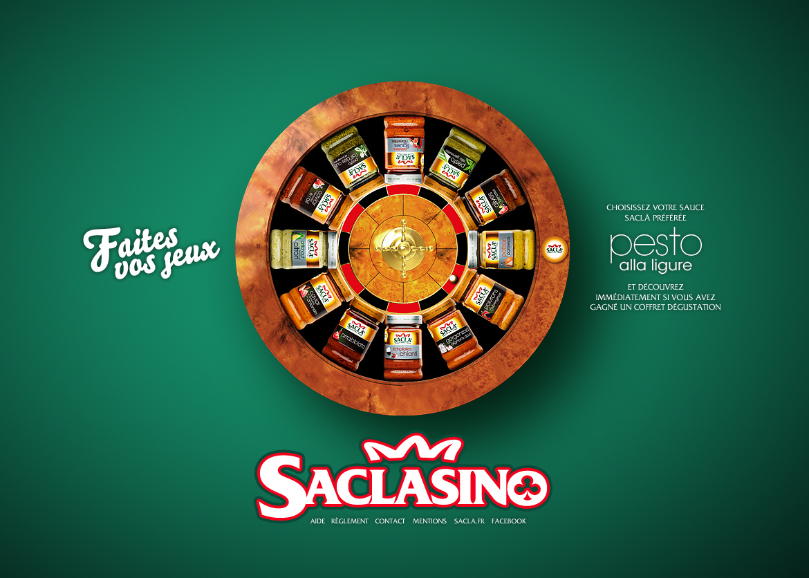 Une roulette garnie de pots de sauce Saclà dans leurs emballages aux couleurs vives se détache sur un fond vert, avec l'inscription « Faites vos jeux » à gauche et le logo « SACLASINO » en bas.