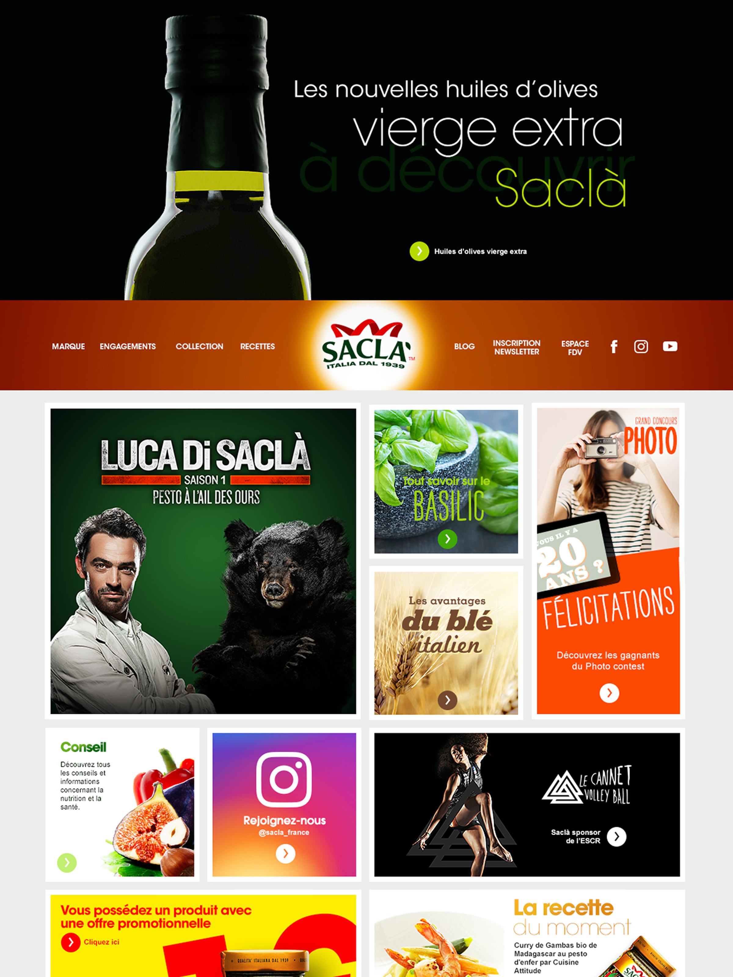 Page d'accueil du site Web de Saclà présentant l'huile d'olive, le pesto, les promotions sur les produits, des recettes, des actualités et un menu de navigation, le tout sur une mise en page colorée de type « grille » qui met en valeur nos emballages caractéristiques.