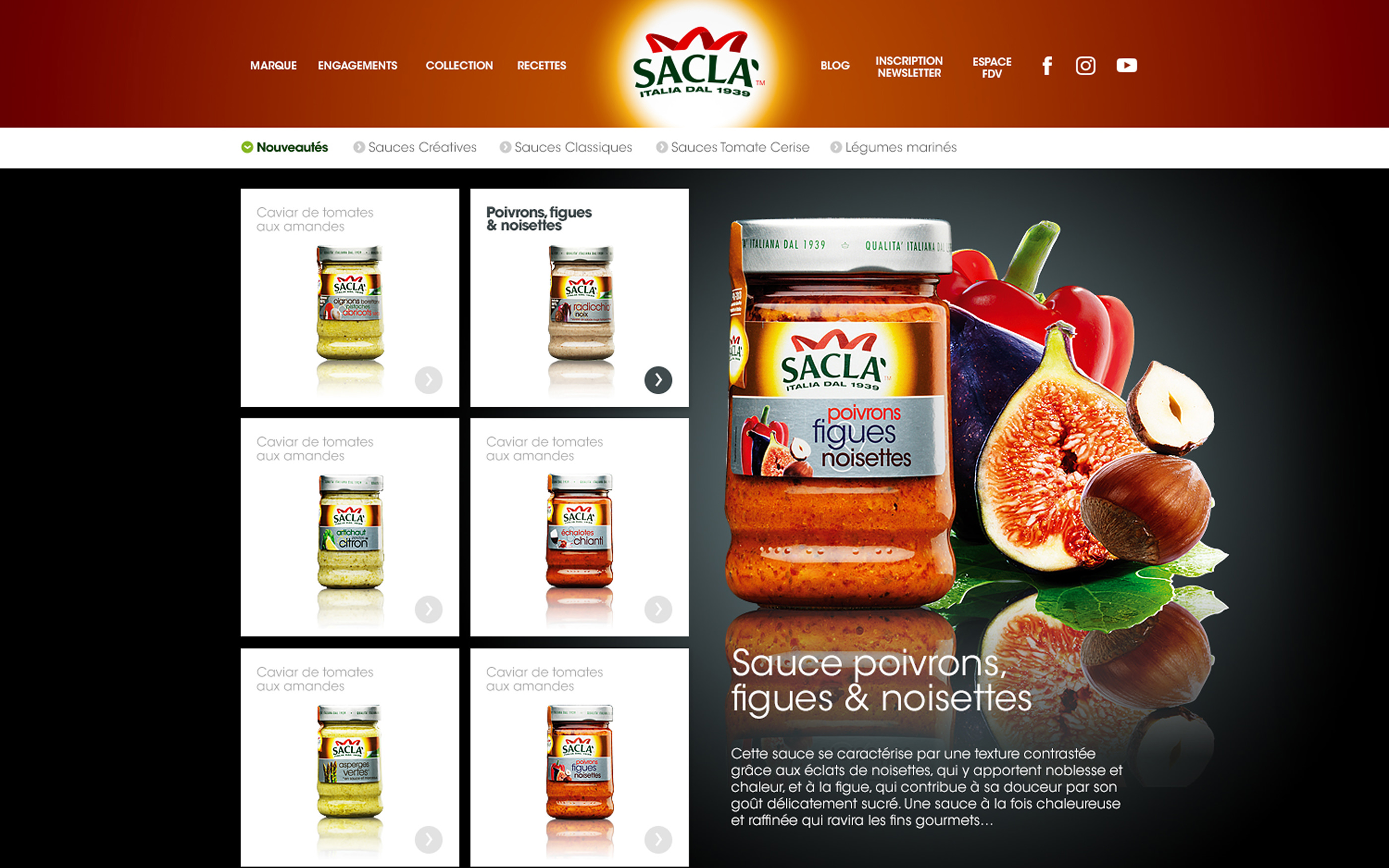 Une page web présente le pot de sauce « Poivrons, figues & noisettes » de Saclà, dont l’emballage aux couleurs vives est mis en valeur, entouré de poivrons frais, de figues et de noisettes. Six autres pots de sauce sont alignés sur le côté gauche. Le design se caractérise par une palette de couleurs vives : blanc, vert et orange.