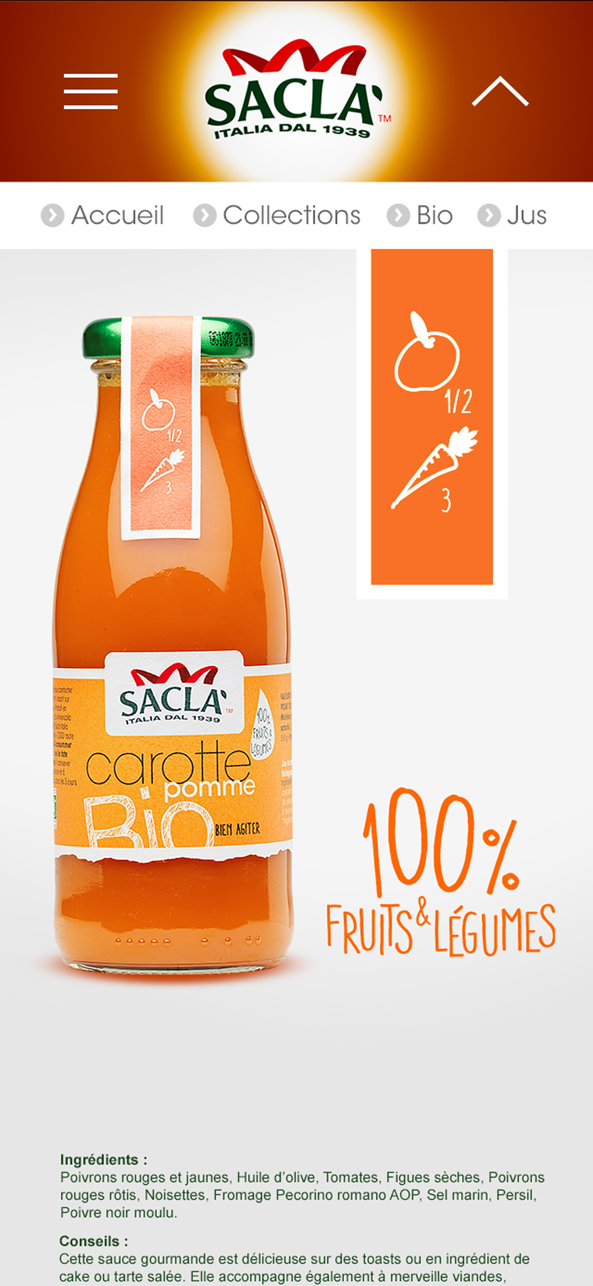 Une bouteille de jus de carotte et de pomme Saclà est présentée sur une page web aux couleurs de l'orange, mettant en valeur son emballage aux couleurs vives. Le texte met en avant la mention « 100 % fruits et légumes » et des icônes nutritionnelles sont affichées, accompagnées d'une liste d'ingrédients sous la bouteille.