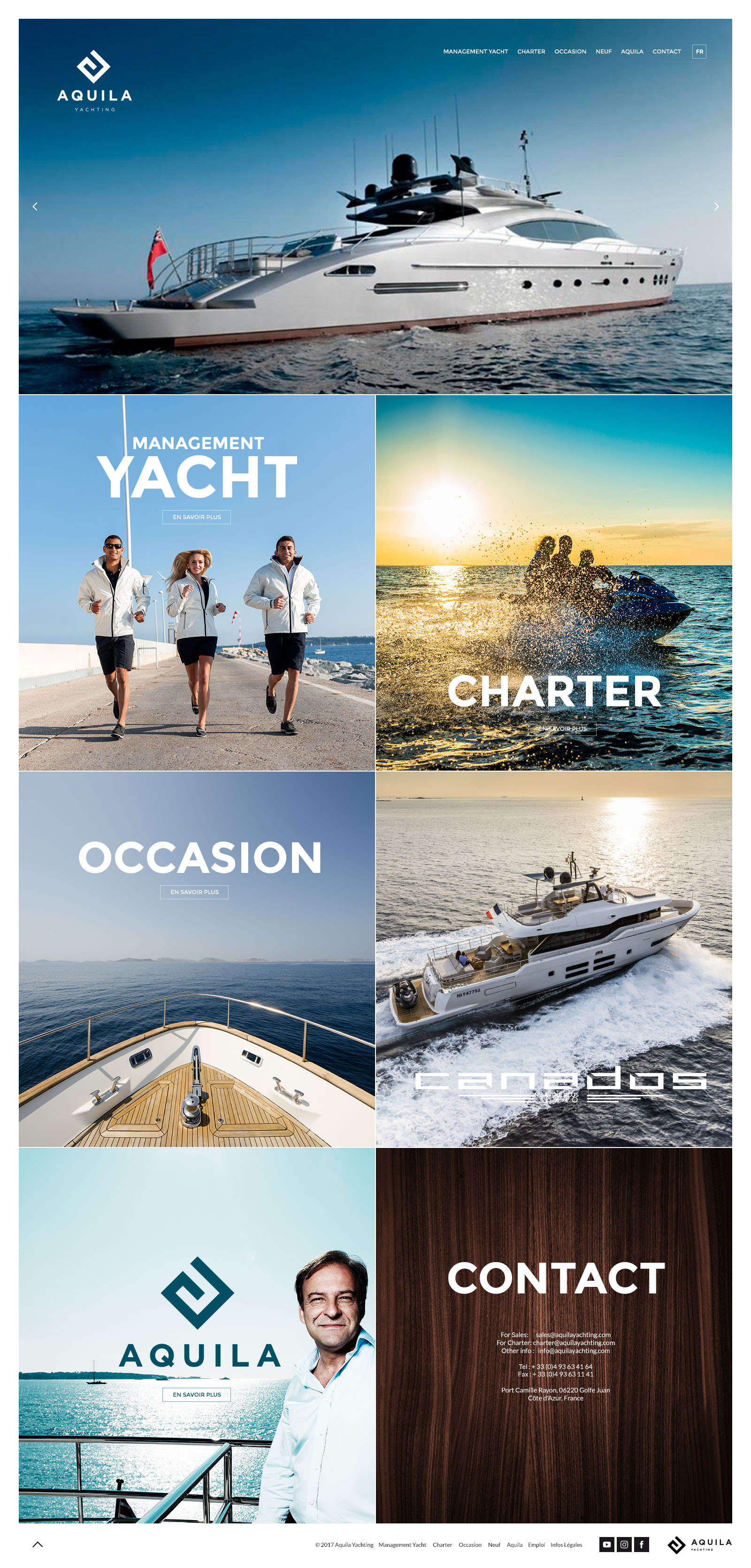 Page d'accueil d'un site web dédié aux yachts de luxe, réalisée par des experts en création de sites Internet, présentant des bateaux, des personnes vêtues de blanc, le logo Aquila, ainsi que des rubriques consacrées à la gestion de yachts, à la location, aux services d'occasion et aux vues sur la mer.