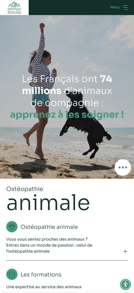 Une jeune fille saute sur une plage avec son chien, accompagnée d'un texte indiquant que les Français possèdent 74 millions d'animaux de compagnie et donnant des conseils pour en prendre soin, éventuellement via un site web dédié.