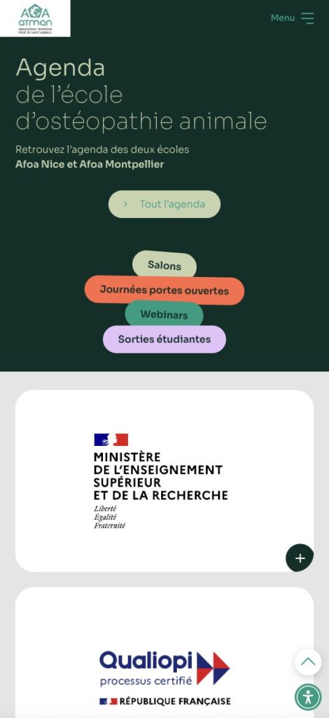 En-tête du calendrier de l'école d'ostéopathie animale Afoa, comprenant la navigation vers les événements, les certifications officielles et des informations sur nos services de création de sites Internet.