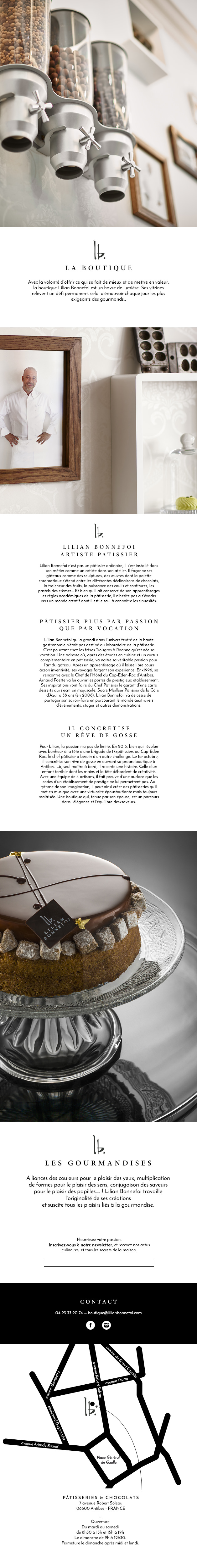 Un gâteau nappé de chocolat et orné de décorations trône sur un présentoir à gâteaux en verre. En dessous, un logo raffiné et un texte en français mettent en avant « Les Gourmandises by Lilian Bonnefoi » ainsi que leur site internet réalisé par des experts.