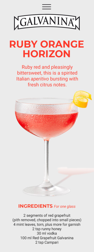 Un verre à cocktail contenant une boisson rouge et un zeste de citron. Texte : « RUBY ORANGE HORIZON — D’un rouge rubis et d’une saveur agréablement douce-amère, cet apéritif italien plein de caractère regorge de notes fraîches d’agrumes. » Création du site Internet : le logo Galvanina figure ci-dessus.