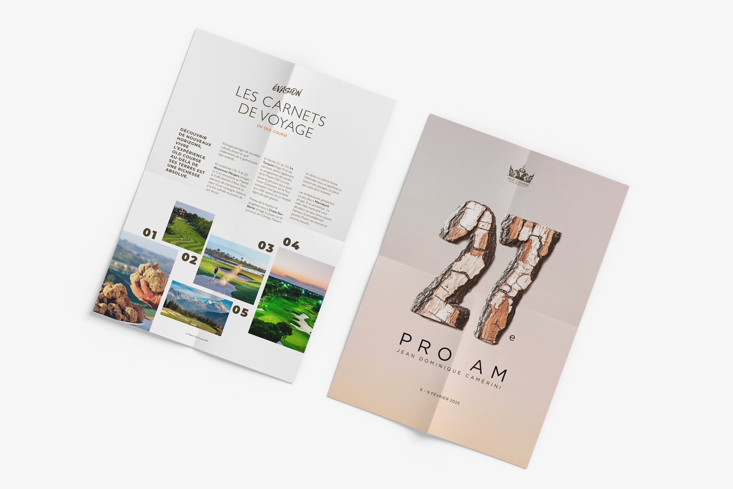 Deux brochures consacrées au 27e tournoi de golf Pro-Am Jean Dominique Camerini, mettant en avant l'identité de la marque à travers des photos du parcours et les dates de l'événement, du 6 au 9 février 2025.