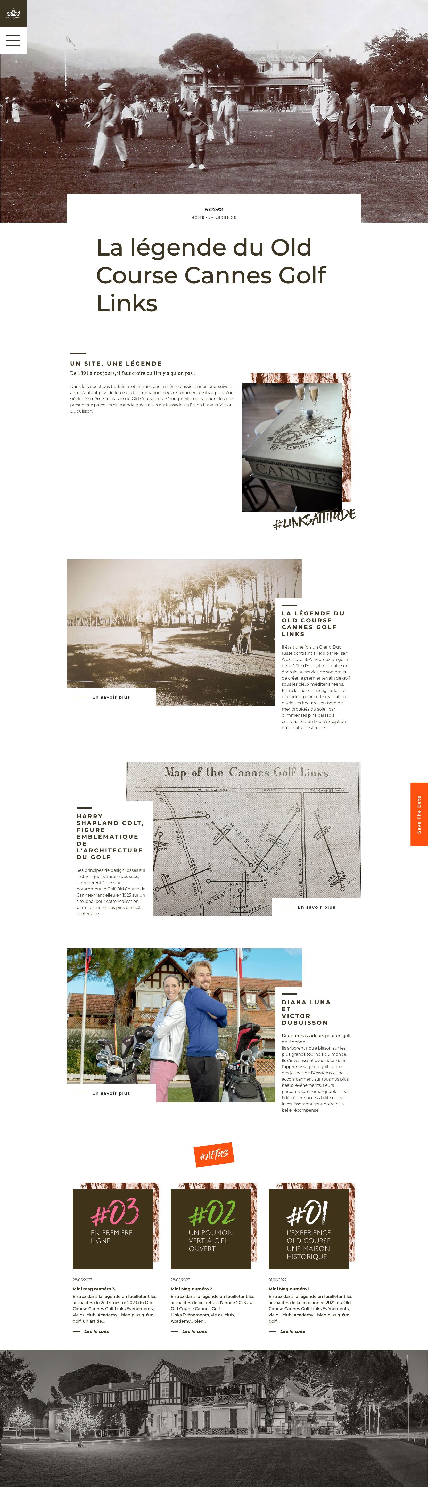 Un collage d'images de l'Old Course Cannes Golf Links, comprenant des vues du parcours, des plans, des portraits d'ambassadeurs et des couvertures de magazines, tel qu'il apparaît sur le site web de création.