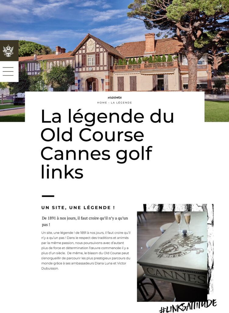Le club-house de l'Old Course Cannes Golf Links, qui met en valeur son histoire et présente une table garnie de champagne et d'une balle de golf, tel qu'il apparaît sur notre site web.