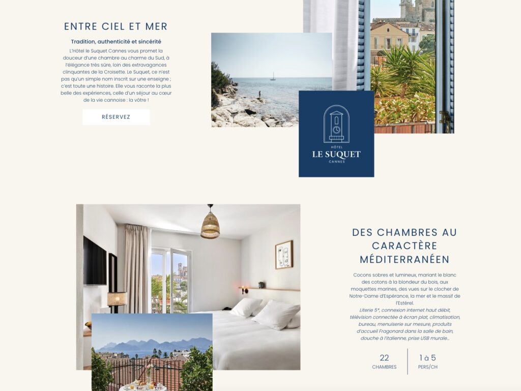 Contenu du site web promotionnel de l'hôtel Le Suquet à Cannes, présentant des photos de l'intérieur des chambres, des vues sur la côte et un texte descriptif sur l'établissement.