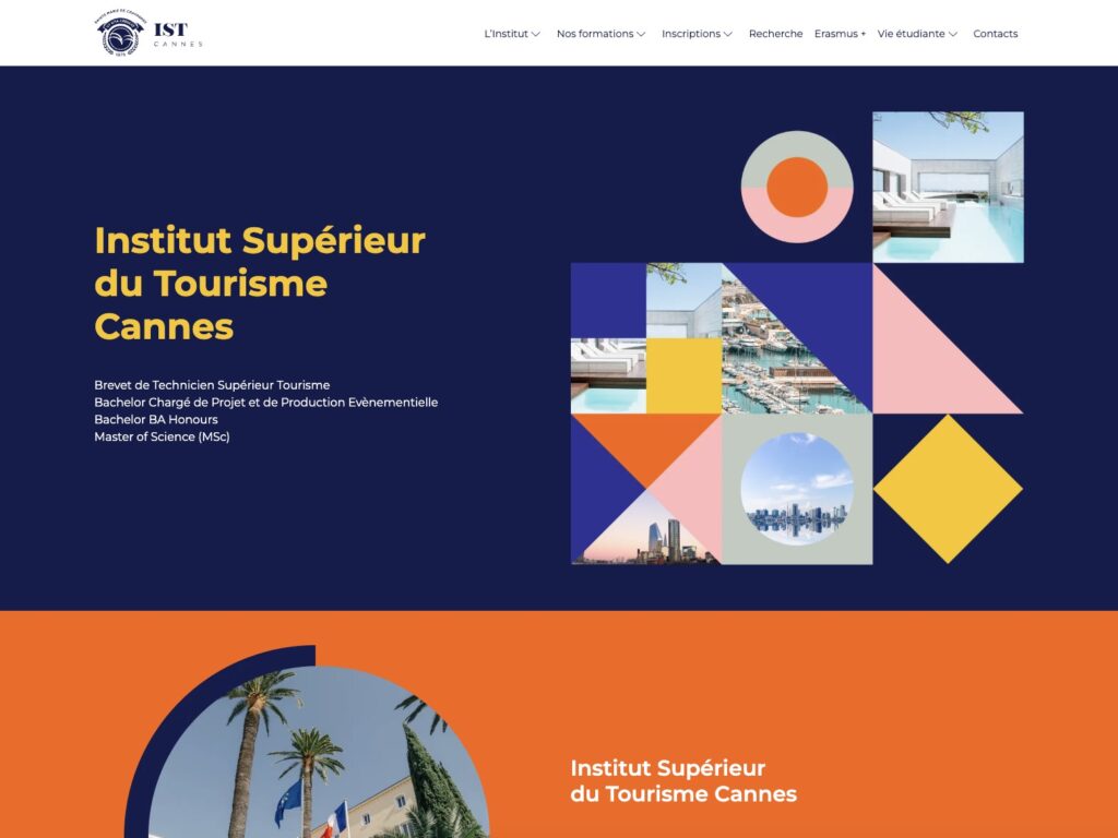 Page d'accueil de l'Institut Supérieur du Tourisme de Cannes, comprenant un menu de navigation, la liste des formations et un graphisme épuré avec des images d'une piscine, d'un port de plaisance et de la silhouette de la ville.