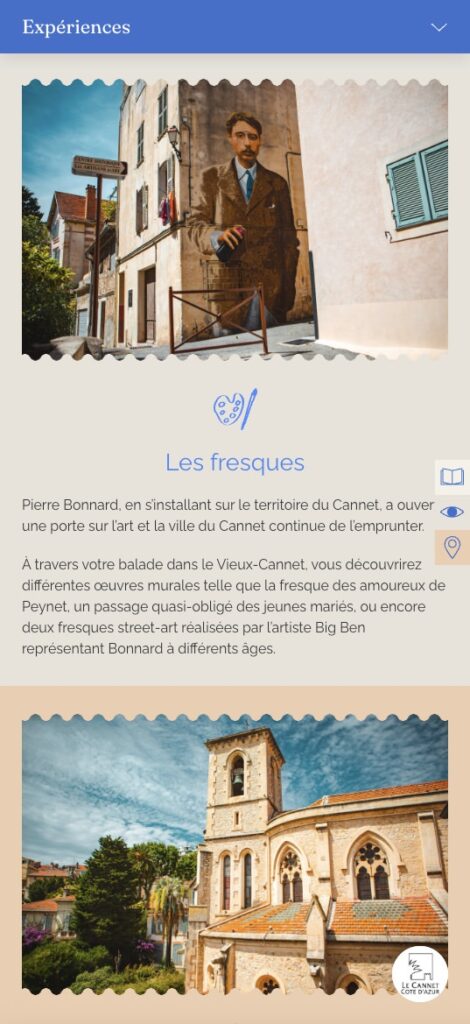 Une fresque représentant l'artiste Pierre Bonnard sur la façade d'un immeuble au Cannet, au-dessus d'un texte décrivant les fresques locales et d'une image d'une église en pierre.