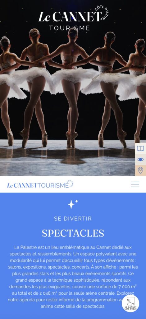Cinq danseuses de ballet en tutus blancs se produisent sur une scène sous le logo de « Le Cannet Tourisme », avec un texte en dessous décrivant la salle de spectacle « La Palestre ».