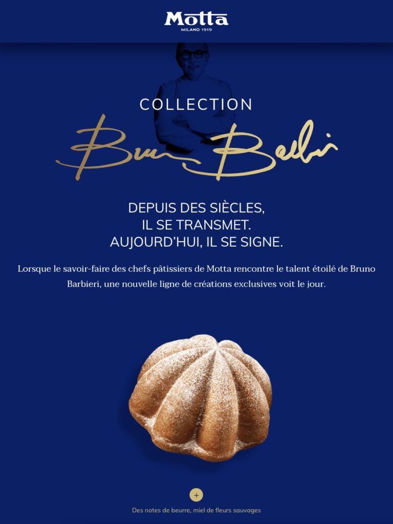 Illustration promotionnelle de la collection Motta signée Bruno Barbieri, représentant une pâtisserie en forme d'étoile saupoudrée de sucre glace et accompagnée d'un texte décrivant cette collaboration.