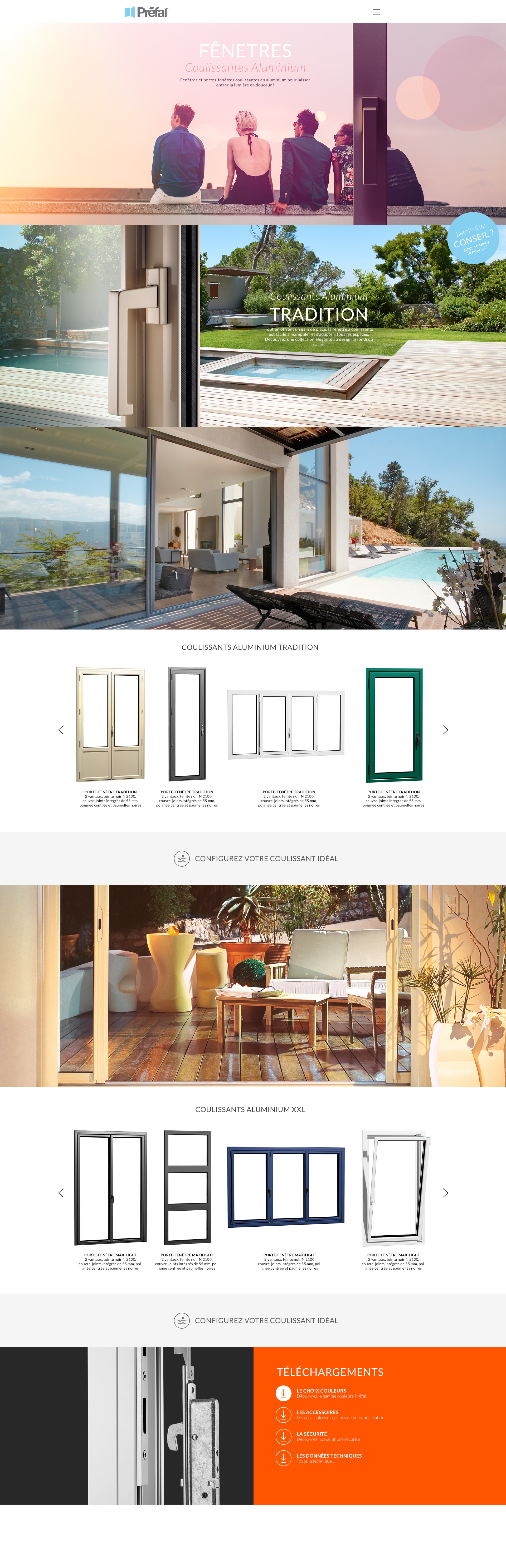Un site Internet présente différents modèles de portes coulissantes en aluminium, accompagnés de photos d'intérieurs modernes, des options de couleurs, des caractéristiques des produits, ainsi qu'une rubrique de téléchargement permettant d'accéder aux brochures et aux fiches techniques.