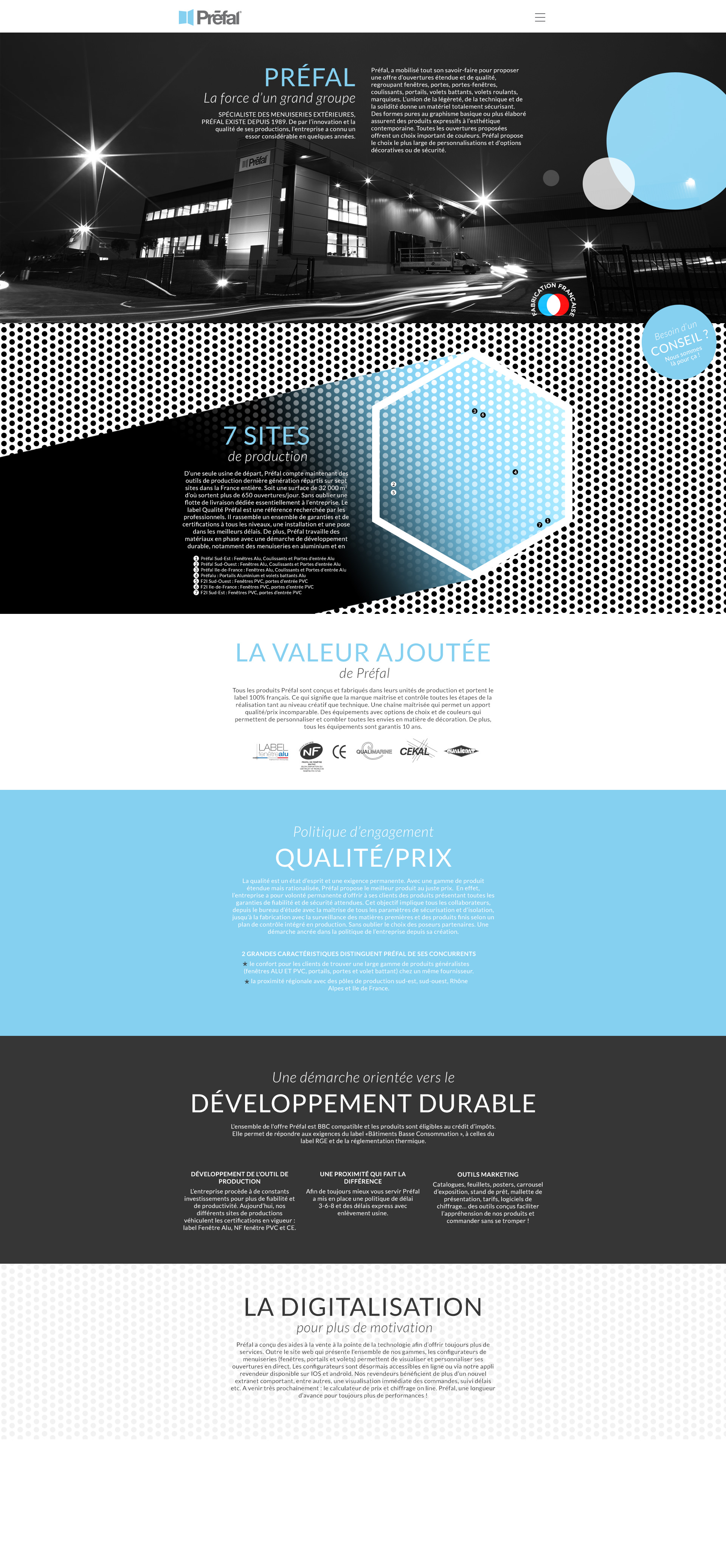 Page du site web d'entreprise présentant une photo en noir et blanc d'un bâtiment, des éléments graphiques géométriques, ainsi qu'un texte en français traitant de la qualité, du développement durable, de la numérisation et des informations sur l'entreprise — illustrant ainsi une création de site internet de haut niveau.