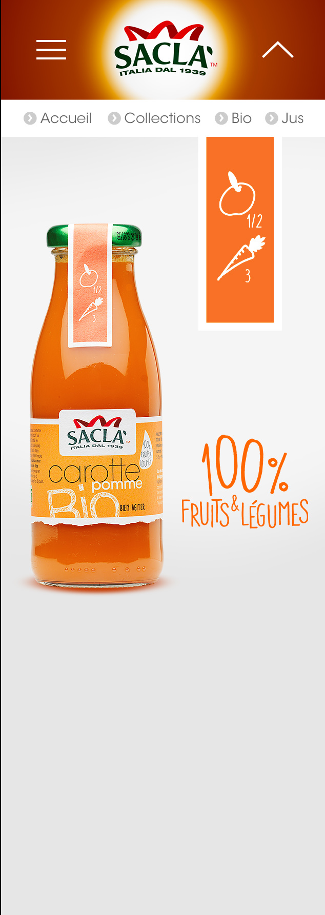 Une bouteille de jus de carotte et de pomme Saclà avec une étiquette orange. Le texte « 100 % fruits et légumes » et des icônes s’affichent, tandis que le menu du site Internet propose les rubriques Accueil, Collections, Bio et Jus.