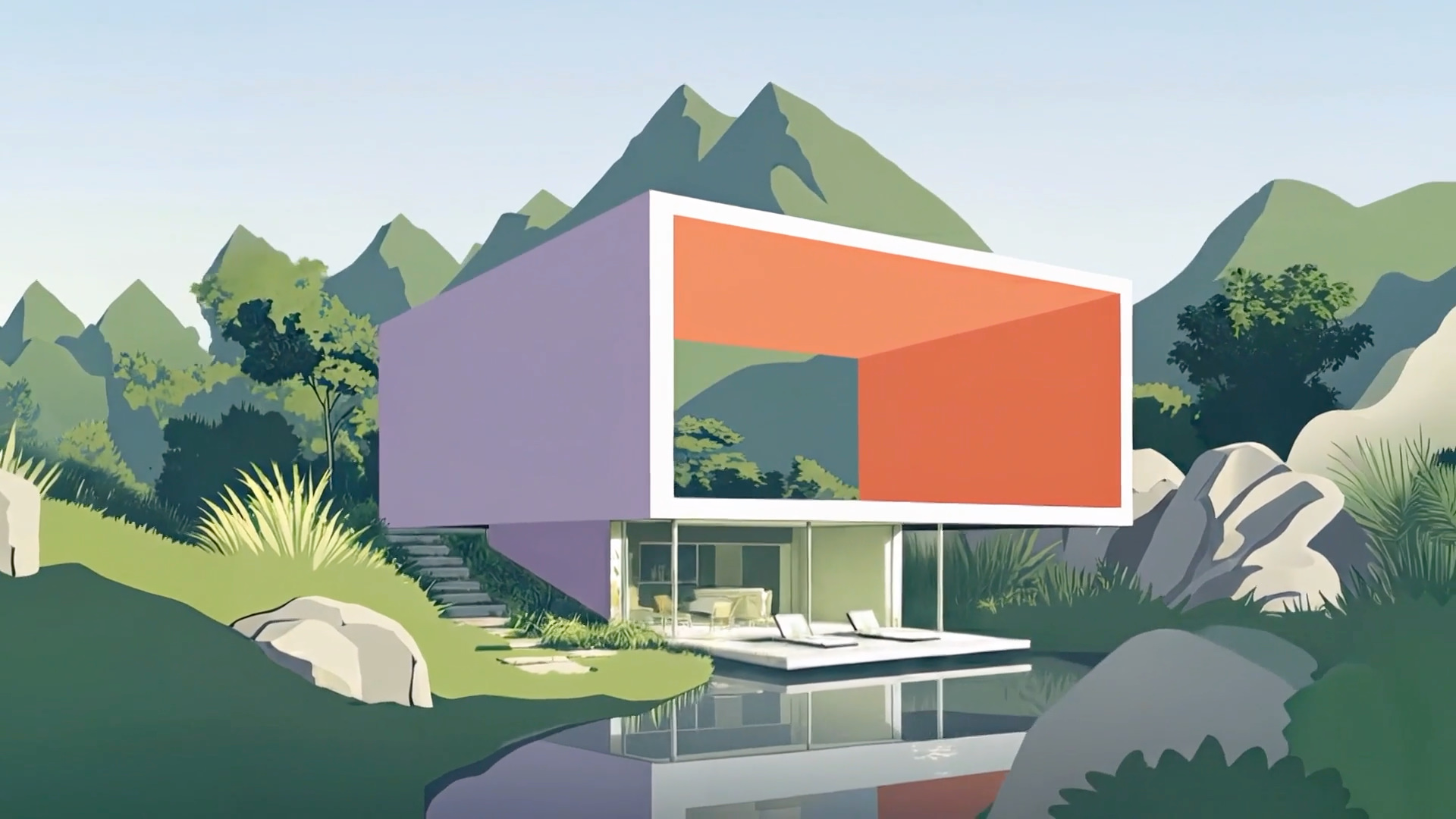 Une maison moderne aux larges encadrements orange et rose se dresse au bord d'un étang, entourée d'une végétation luxuriante, avec les montagnes en arrière-plan.