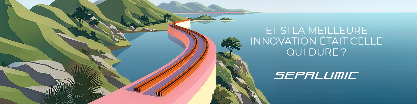 Illustration d'un pont sinueux enjambant un cours d'eau entre deux montagnes, mettant en avant une communication B2B avec le texte : « Et si la meilleure innovation était celle qui dure ? SEPALUMIC ».