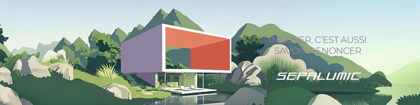 Maison moderne dotée d'un espace de vie ouvert, encadré de tons orange, donnant sur un lac et les montagnes, arborant le logo Sepalumic et le texte de communication B2B : « INNOVER, C’EST AUSSI SAVOIR RENONCER ».