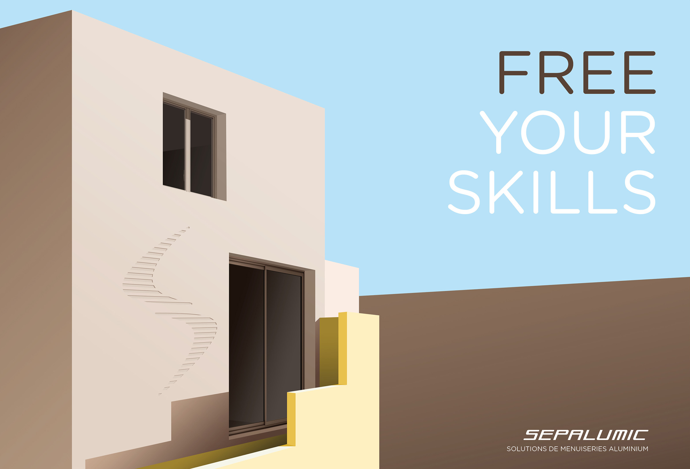 Illustration minimaliste représentant un bâtiment, accompagnée du texte « FREE YOUR SKILLS » et du logo Sepalumic, destinée à la communication B2B.