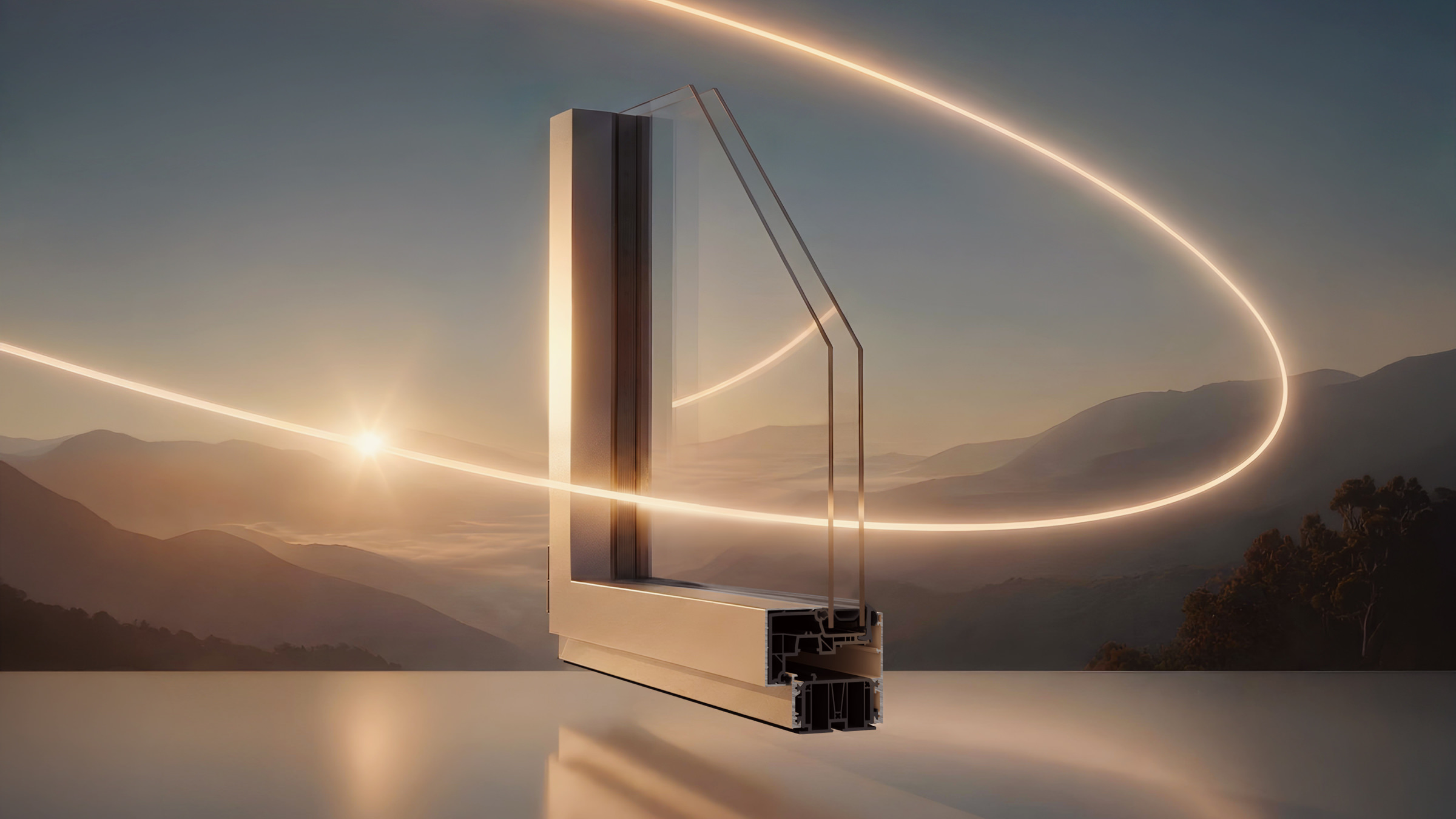 Une coupe transversale d'un châssis de fenêtre à triple vitrage, sur fond de paysage montagneux au coucher du soleil avec une traînée lumineuse, idéale pour la communication B2B.