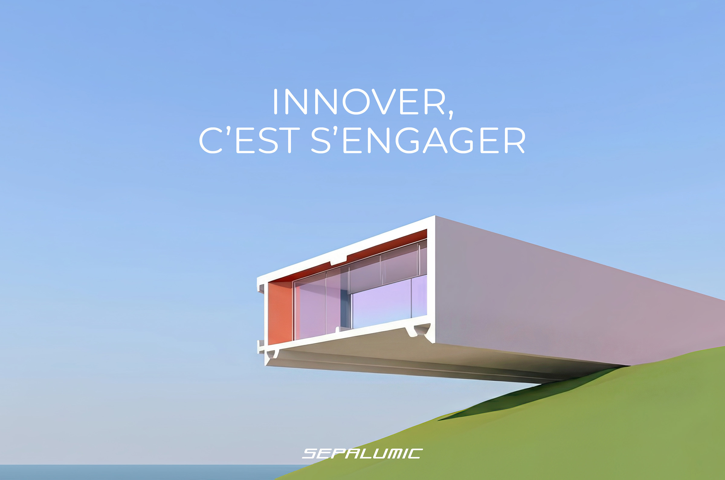 Une structure architecturale moderne en porte-à-faux se détachant sur un ciel bleu, arborant un message de communication B2B avec la devise « INNOVER, C’EST S’ENGAGER » en haut et le logo Sepalumic en bas.