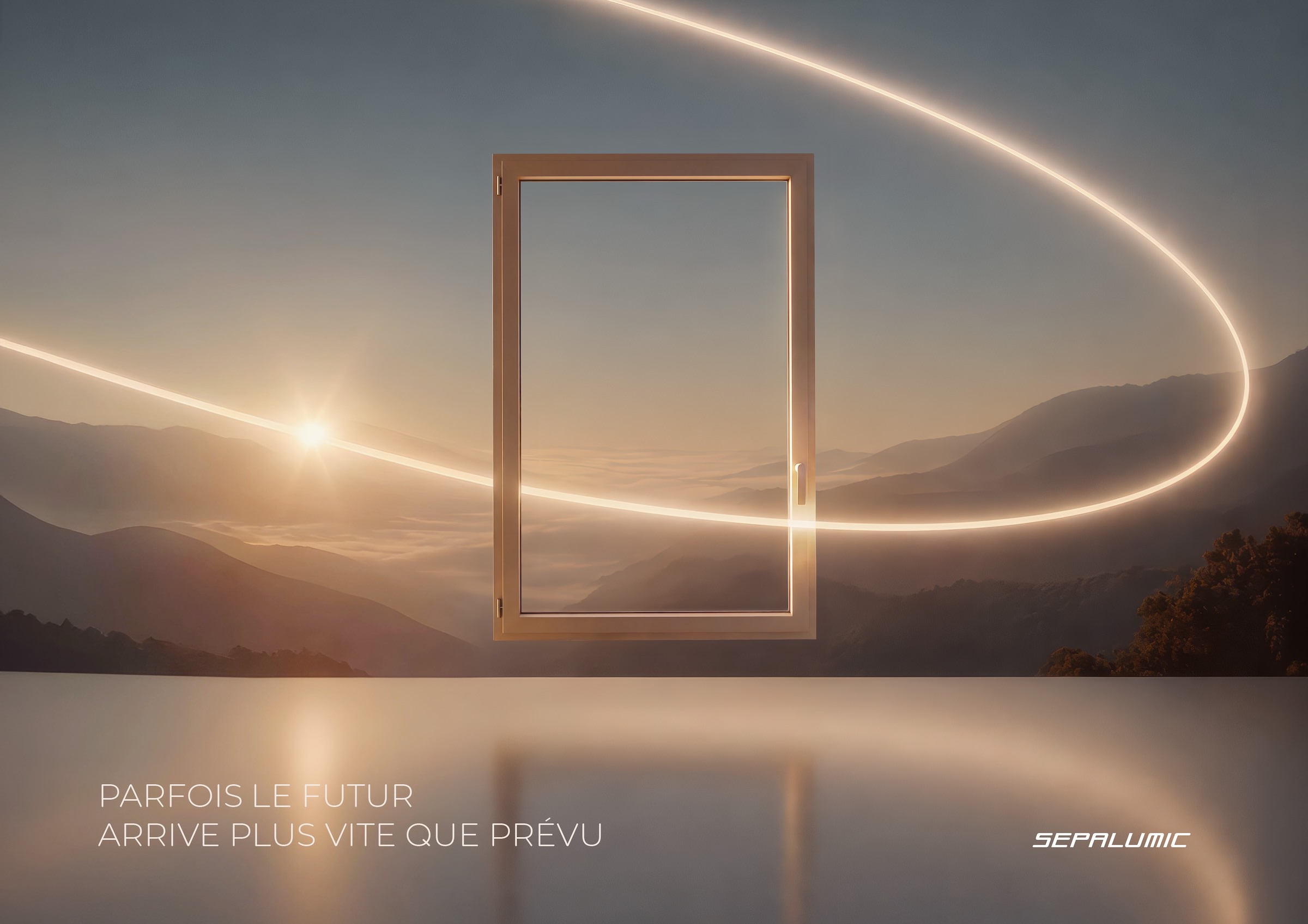 Un châssis de fenêtre rectangulaire flotte au-dessus d'une surface réfléchissante, avec le coucher de soleil en arrière-plan, entouré d'une traînée lumineuse sur laquelle figure le texte « PARFOIS LE FUTUR ARRIVE PLUS VITE QUE PRÉVU », dans le cadre d'une communication B2B.