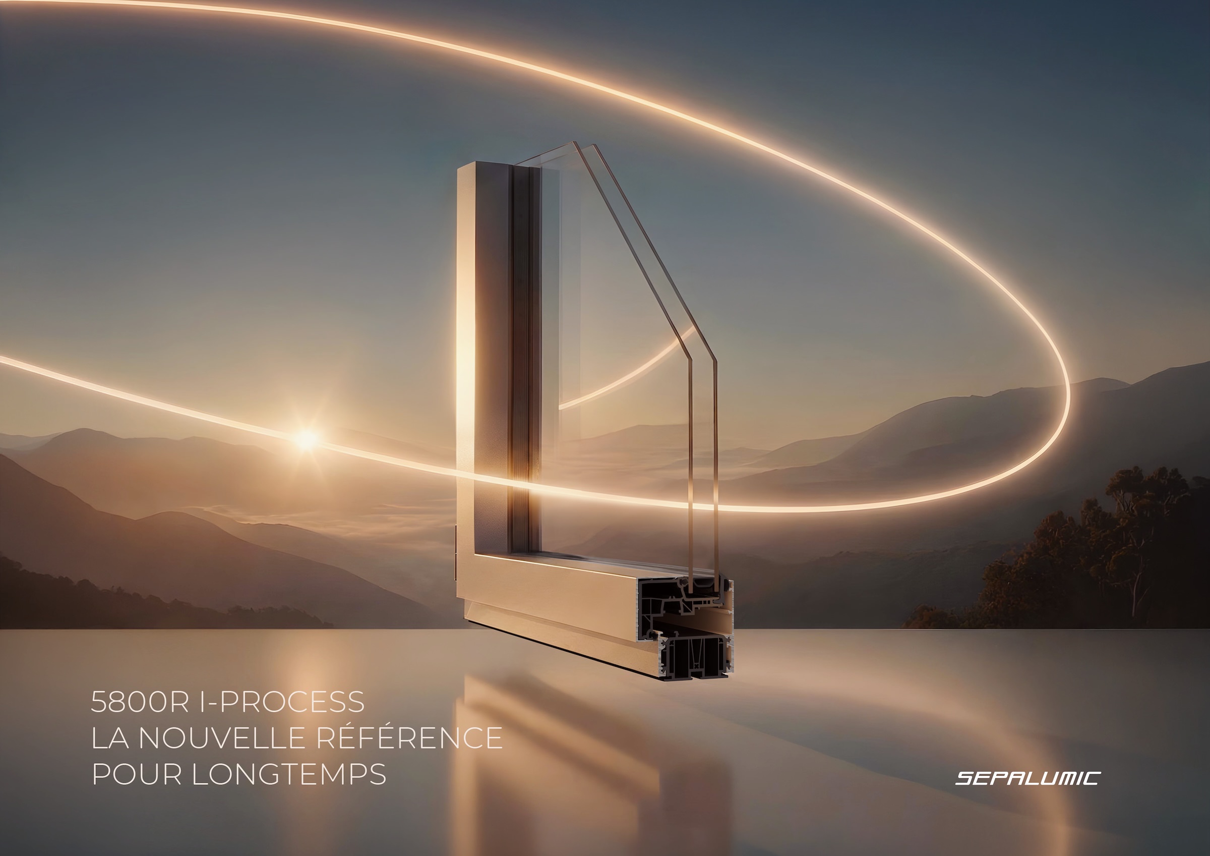 Une coupe transversale d'un cadre de fenêtre 5800R I-PROCESS sur fond de coucher de soleil sur les montagnes, avec le logo de communication B2B de Sepalumic.