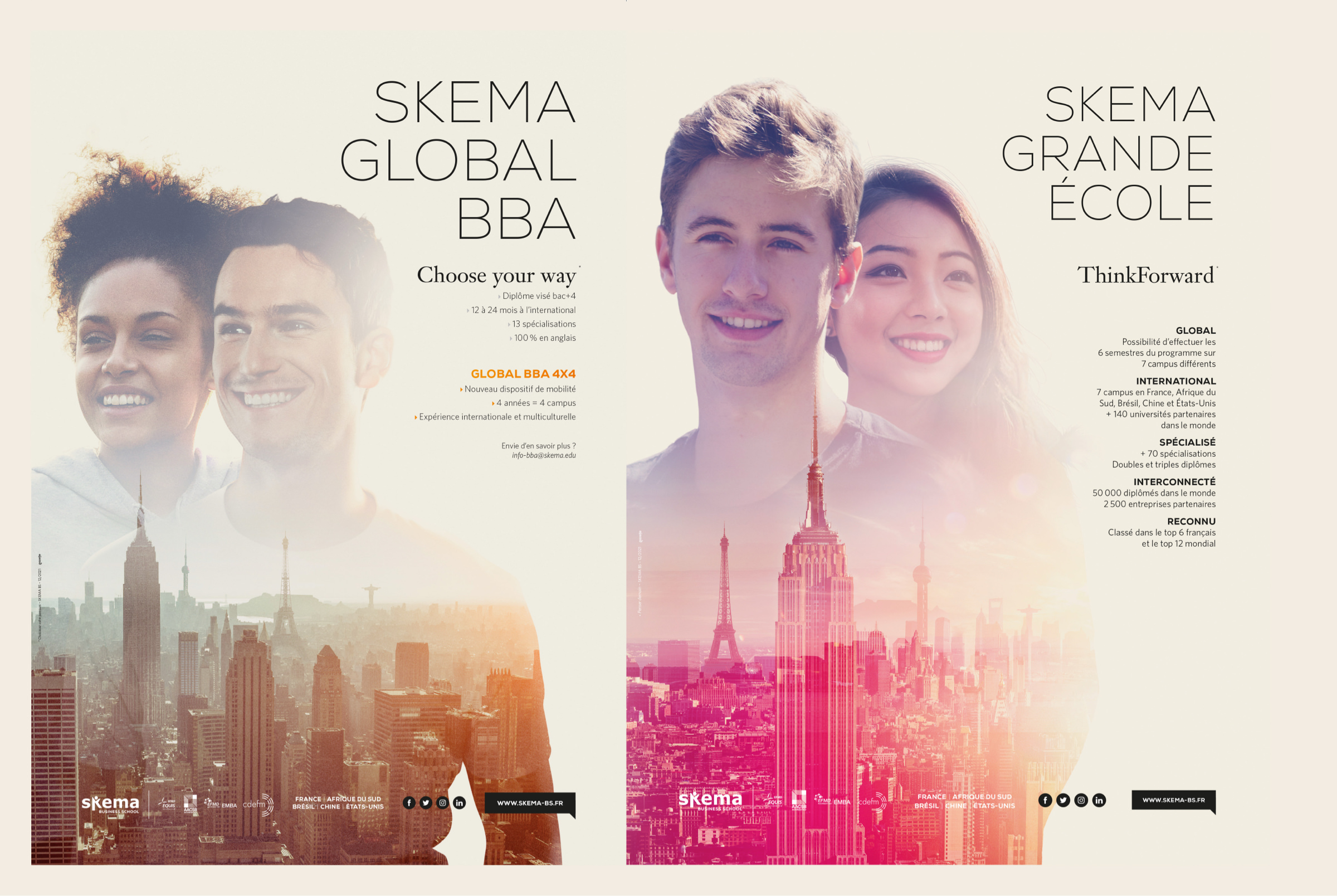 Deux affiches promotionnelles juxtaposées, réalisées par une agence de communication pour la Skema Business School, présentant des portraits d'étudiants en double exposition sur fond de paysages urbains, et détaillant les options de formation et les informations sur l'école.