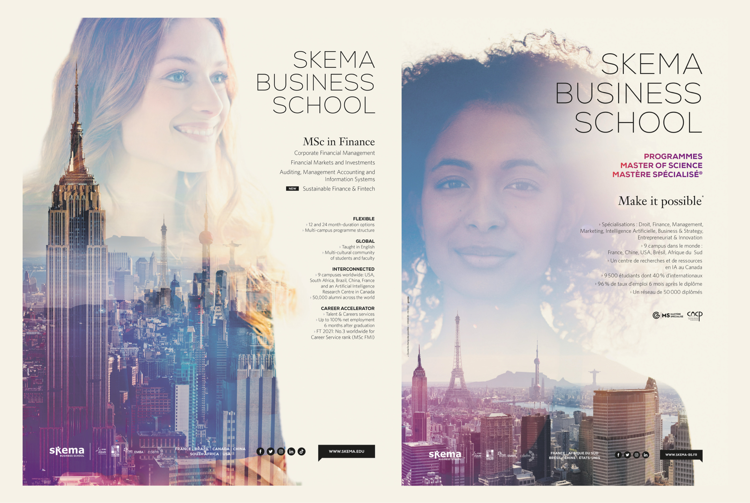 Deux affiches promotionnelles réalisées par une agence de communication pour la Skema Business School, mettant en scène des étudiants souriants sur fond de panoramas urbains, avec des informations sur les programmes de master en finance et les statistiques de l'école.