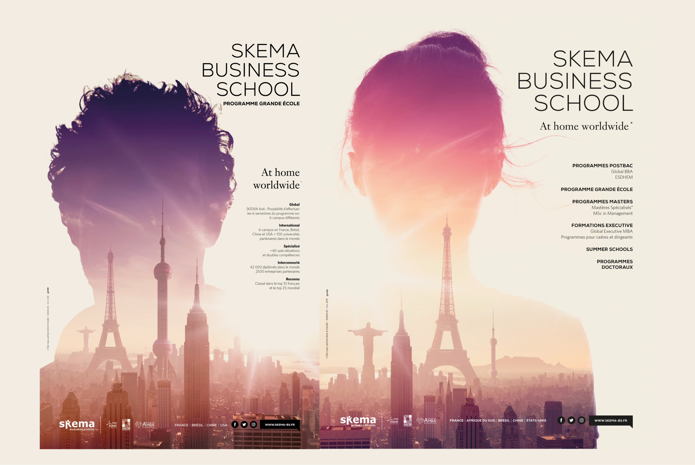 Deux silhouettes humaines superposées à des panoramas urbains du monde entier, dans le cadre d'une campagne de promotion d'une agence de communication issue d'une grande école et de ses programmes universitaires.