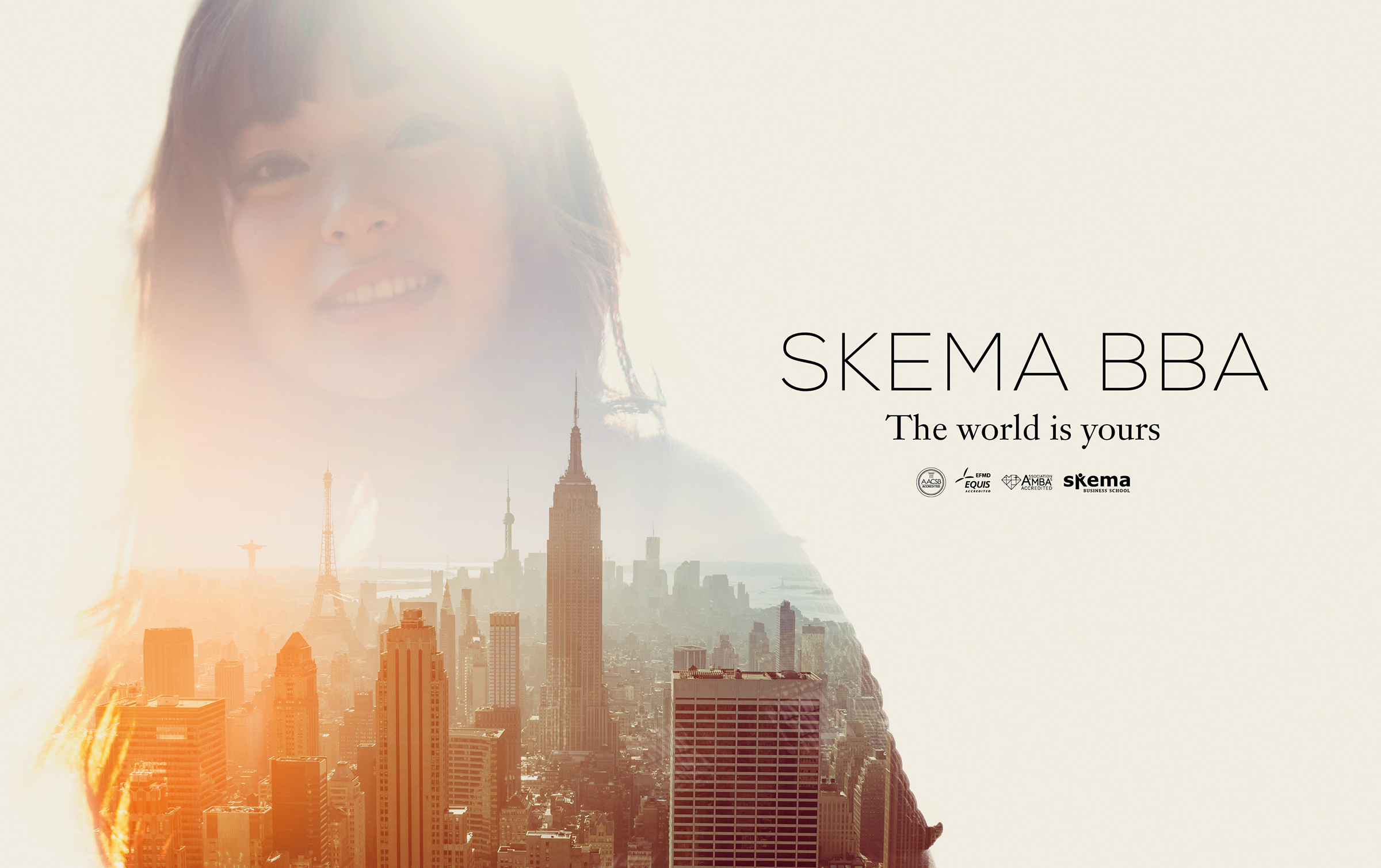 Le visage souriant d'une femme est superposé à la silhouette d'une ville, avec la mention « SKEMA BBA, Le monde vous appartient » et plusieurs logos en dessous, dans un style rappelant celui d'une plaquette d'entreprise.