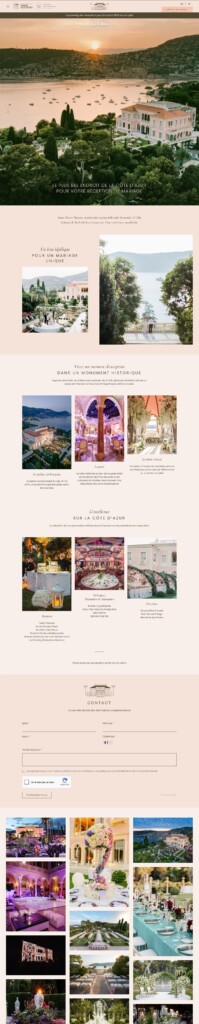 Une page web consacrée à la Villa Ephrussi de Rothschild, présentant des photos de ce lieu de mariage de luxe en bord de mer, des informations sur l'organisation d'événements et un formulaire de contact.