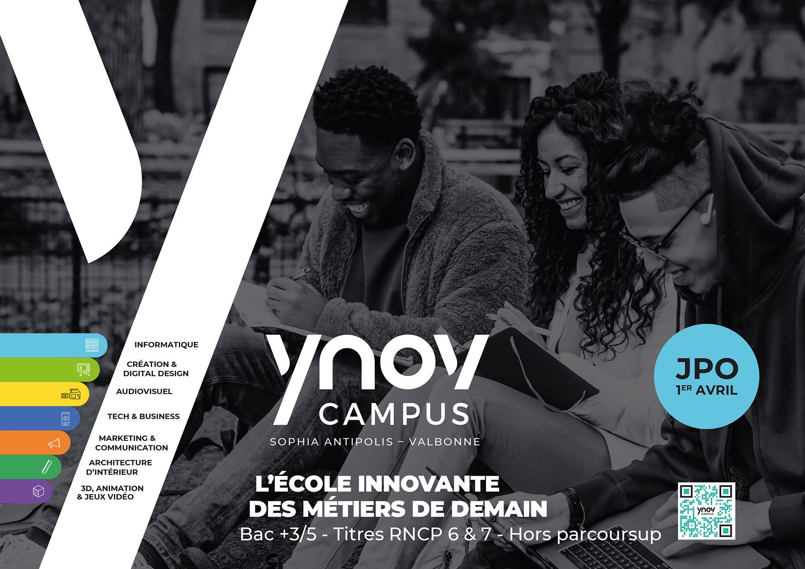 Affiche annonçant la journée portes ouvertes du Campus Ynov le 1er avril, représentant trois étudiants en train d'étudier, une liste des formations en communication et un code QR dédié à l'enseignement supérieur.