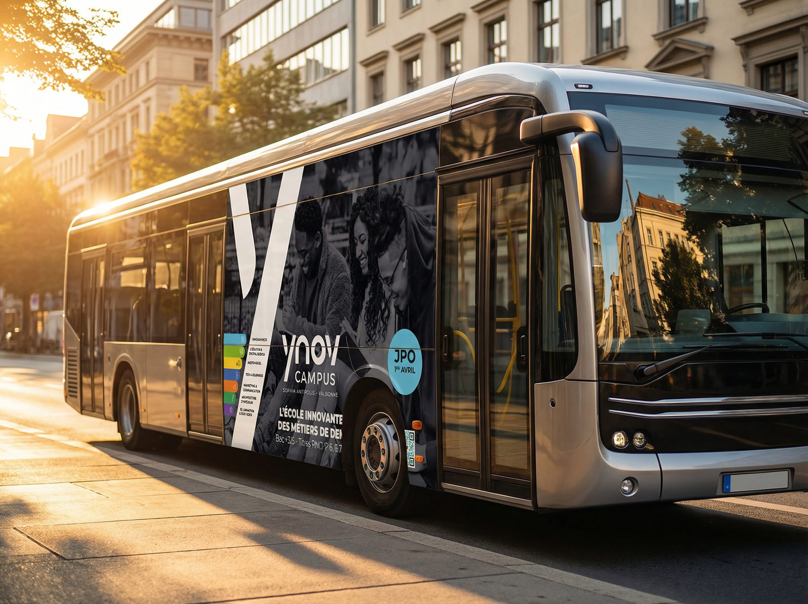 Un bus urbain garé dans la rue, recouvert d'une publicité pour Ynov Campus, spécialisé dans la communication dans l'enseignement supérieur.